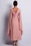 Abito midi midi madre della sposa in chiffon azzurro cielo a V-neck con maniche a mantello