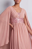 Abito midi midi madre della sposa in chiffon azzurro cielo a V-neck con maniche a mantello