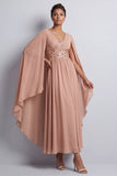 Abito midi midi madre della sposa in chiffon azzurro cielo a V-neck con maniche a mantello