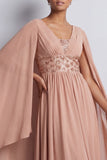 Abito midi midi madre della sposa in chiffon azzurro cielo a V-neck con maniche a mantello