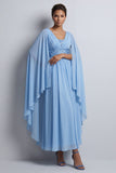 Abito midi midi madre della sposa in chiffon azzurro cielo a V-neck con maniche a mantello