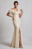 Vestito lungo della madre della sposa con spalle a spalle sirena azzurro chiaro con paillettes