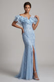 Vestito lungo della madre della sposa con spalle a spalle sirena azzurro chiaro con paillettes