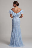 Vestito lungo della madre della sposa con spalle a spalle sirena azzurro chiaro con paillettes