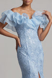 Vestito lungo della madre della sposa con spalle a spalle sirena azzurro chiaro con paillettes