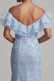 Vestito lungo della madre della sposa con spalle a spalle sirena azzurro chiaro con paillettes
