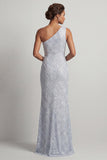 Abito lungo da madre della sposa blu polveroso con paillettes a spalla