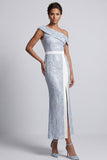 Vestito midi di sirena blu polverosa con paillettes su una spalla con fessura