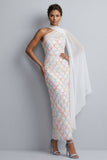 Abito midi Mother Of the Bride con mantello a una spalla con paillettes azzurro chiaro