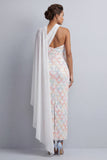 Abito midi Mother Of the Bride con mantello a una spalla con paillettes azzurro chiaro
