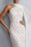 Abito midi Mother Of the Bride con mantello a una spalla con paillettes azzurro chiaro