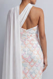 Abito midi Mother Of the Bride con mantello a una spalla con paillettes azzurro chiaro