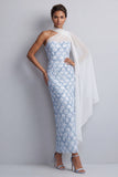 Abito midi Mother Of the Bride con mantello a una spalla con paillettes azzurro chiaro