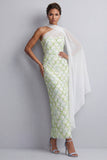 Abito midi Mother Of the Bride con mantello a una spalla con paillettes azzurro chiaro