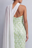 Abito midi Mother Of the Bride con mantello a una spalla con paillettes azzurro chiaro