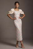 Abito Midi Mother Of the Bride con paillettes sirena verde chiaro e maniche a sbuffo