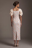 Abito Midi Mother Of the Bride con paillettes sirena verde chiaro e maniche a sbuffo