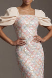 Abito Midi Mother Of the Bride con paillettes sirena verde chiaro e maniche a sbuffo