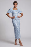 Abito Midi Mother Of the Bride con paillettes sirena verde chiaro e maniche a sbuffo