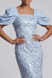Abito Midi Mother Of the Bride con paillettes sirena verde chiaro e maniche a sbuffo