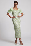 Abito Midi Mother Of the Bride con paillettes sirena verde chiaro e maniche a sbuffo