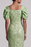 Abito Midi Mother Of the Bride con paillettes sirena verde chiaro e maniche a sbuffo