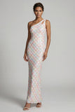 Blush sirena con paillettes a una spalla Abito lungo Madre della Sposa