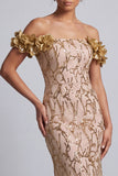 Abito midi Mother Of the Bride Pink Off Shoulder Fine Sirena Con Fiori 3D