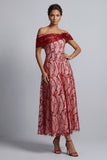 Vestito midi Mother Of the Bride con paillettes rosse a spalla, A-line