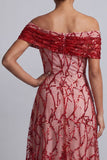 Vestito midi Mother Of the Bride con paillettes rosse a spalla, A-line
