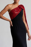 Abito midi della madre della sposa nero e rosso con paillettes