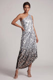 Abito midi midi asimmetrico argento argento con paillettes