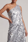 Abito midi midi asimmetrico argento argento con paillettes