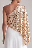 Abito midi Champagne A-Line a una spalla con paillettes