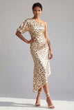 Champagne Sirena Una spalla Asimmetrico Asimmetrico Paillettes Midi Abito Madre della Sposa