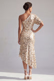 Champagne Sirena Una spalla Asimmetrico Asimmetrico Paillettes Midi Abito Madre della Sposa