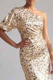 Champagne Sirena Una spalla Asimmetrico Asimmetrico Paillettes Midi Abito Madre della Sposa