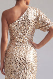 Champagne Sirena Una spalla Asimmetrico Asimmetrico Paillettes Midi Abito Madre della Sposa