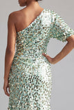 Champagne Sirena Una spalla Asimmetrico Asimmetrico Paillettes Midi Abito Madre della Sposa