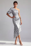 Champagne Sirena Una spalla Asimmetrico Asimmetrico Paillettes Midi Abito Madre della Sposa