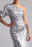 Champagne Sirena Una spalla Asimmetrico Asimmetrico Paillettes Midi Abito Madre della Sposa