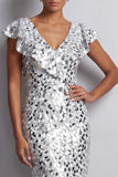 Abito Midi Mother Of the Bride con scollo a V d'argento a V in argento sirena