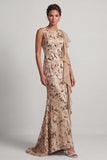Champagne sirena paillettes, scollo battuto, lungo abito madre della sposa con volant