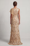 Champagne sirena paillettes, scollo battuto, lungo abito madre della sposa con volant