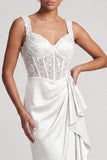 Corsetto di sirena bianca con paillettes arricciate Abito madre della sposa con volant