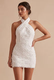 Abito bianco piccolo bodycon floreale a collo halter