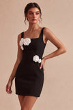 Abito bianco bodycon collo quadrato con fiori 3D