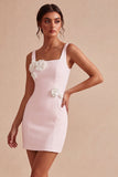Abito bianco bodycon collo quadrato con fiori 3D