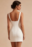 Abito bianco bodycon collo quadrato con fiori 3D