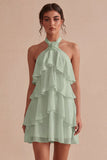Abito bianco piccolo a fiori in chiffon con scollo a collo a A e volant